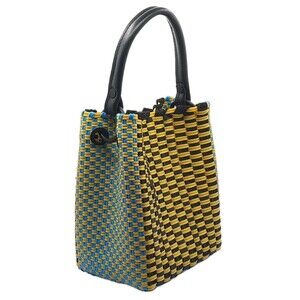 Truss NYC Handwoven Small Basket Tote Hand Bag Blue Yellow Plastic Black Leather